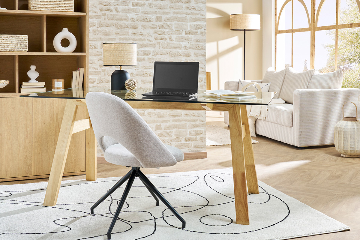 Chaise pivotante 360� en tissu effet velours textur� beige et m�tal noir COSETTE