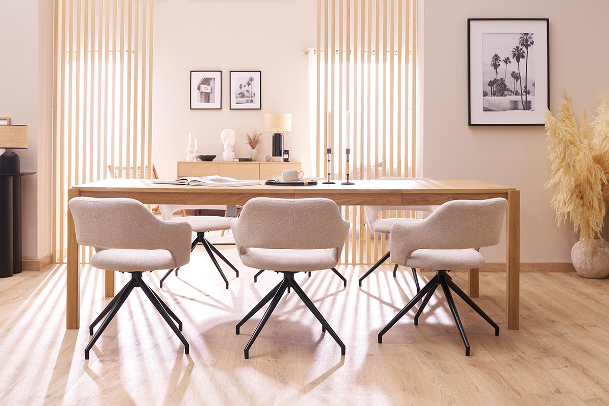 Chaise pivotante 360� en tissu effet velours textur� beige et m�tal noir JESSY