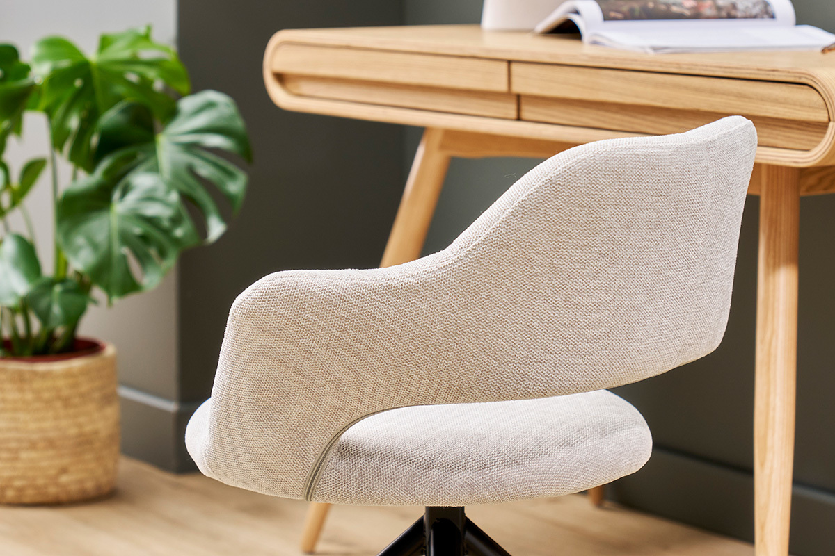 Chaise pivotante 360� en tissu effet velours textur� beige et m�tal noir JESSY