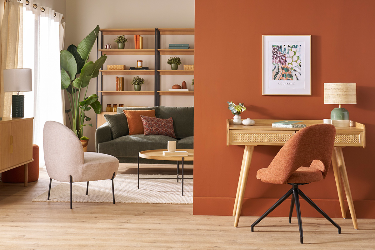 Chaise pivotante 360� en tissu effet velours textur� terre br�l�e et m�tal noir COSETTE