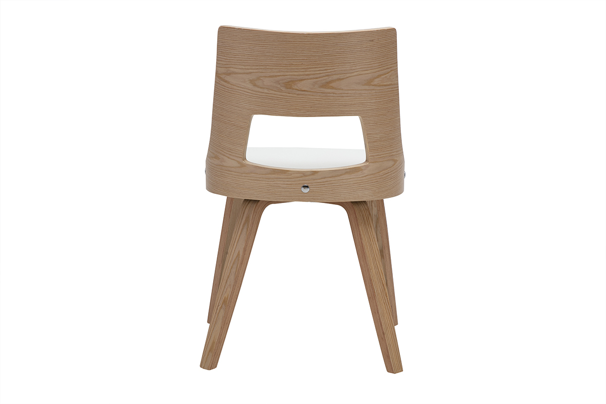 Chaise scandinave blanc et bois clair, design nordique, dossier ajour, assise rembourre en polyurthane.