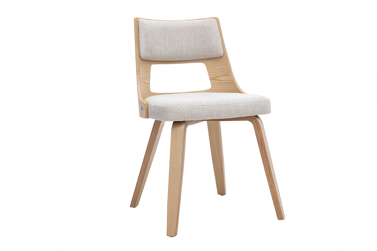 Chaise scandinave en tissu beige et bois clair, vue de 3/4, design moderne
