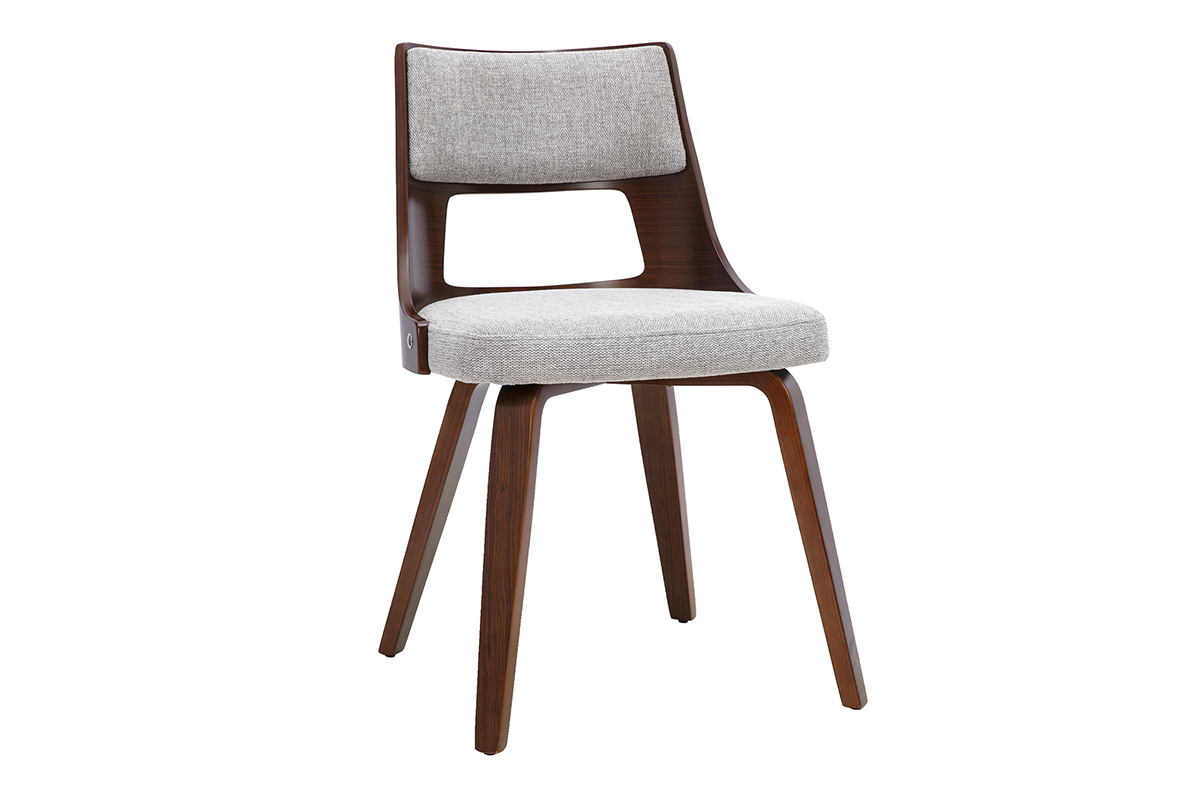 Chaise scandinave en tissu gris et bois fonc�, vue de 3/4.