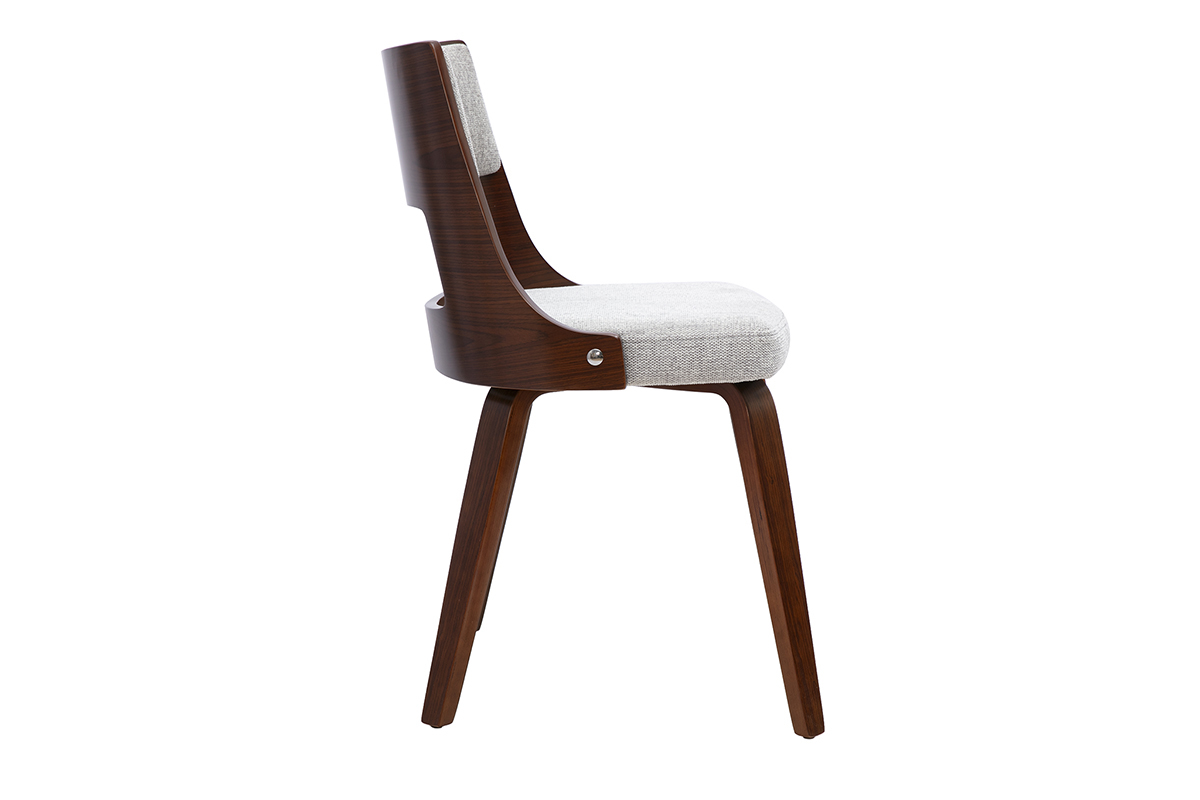 Chaise scandinave en tissu gris et bois fonc�, vue de profil, design minimaliste et moderne.