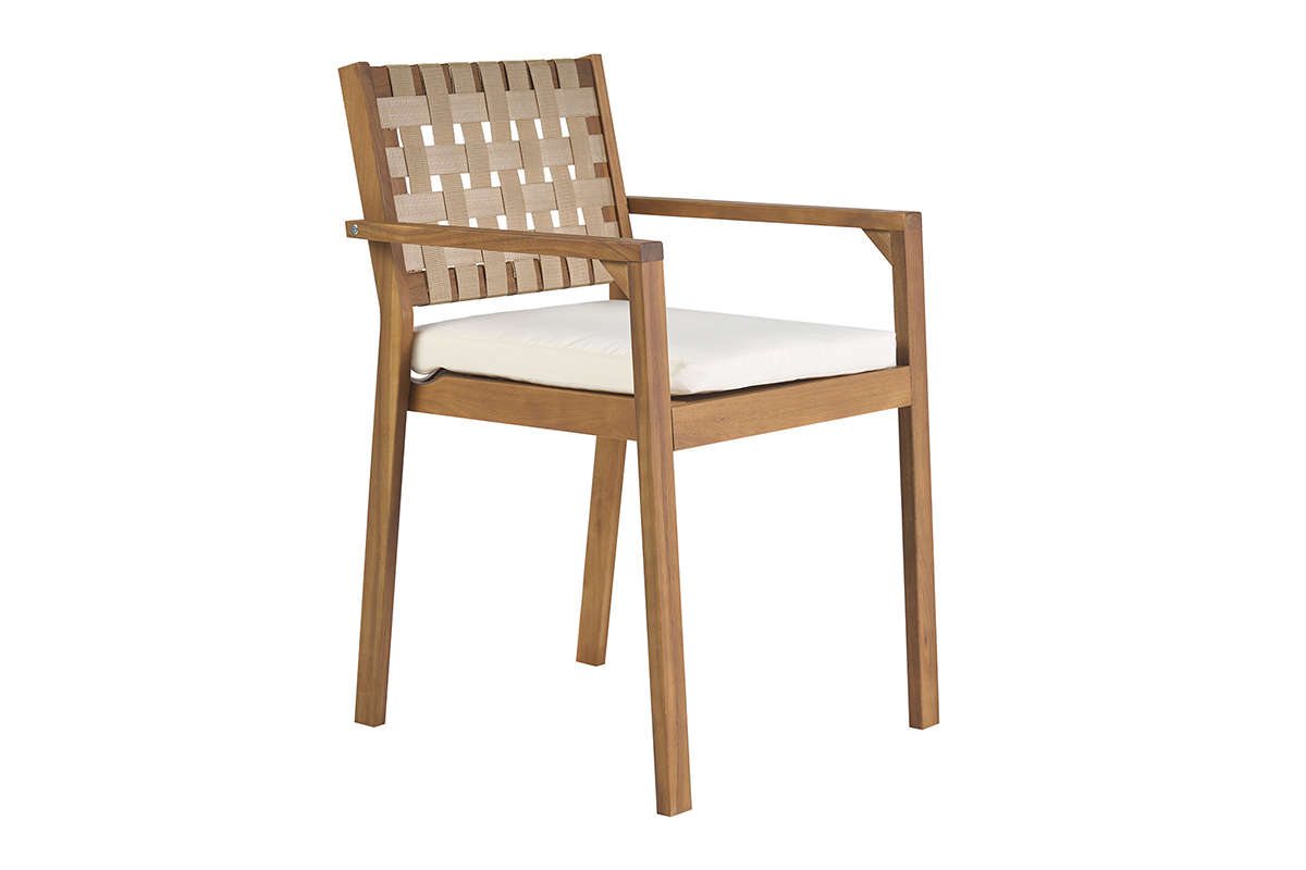 Chaise de jardin en bois massif avec coussin blanc et sangles beiges, vue de 3/4