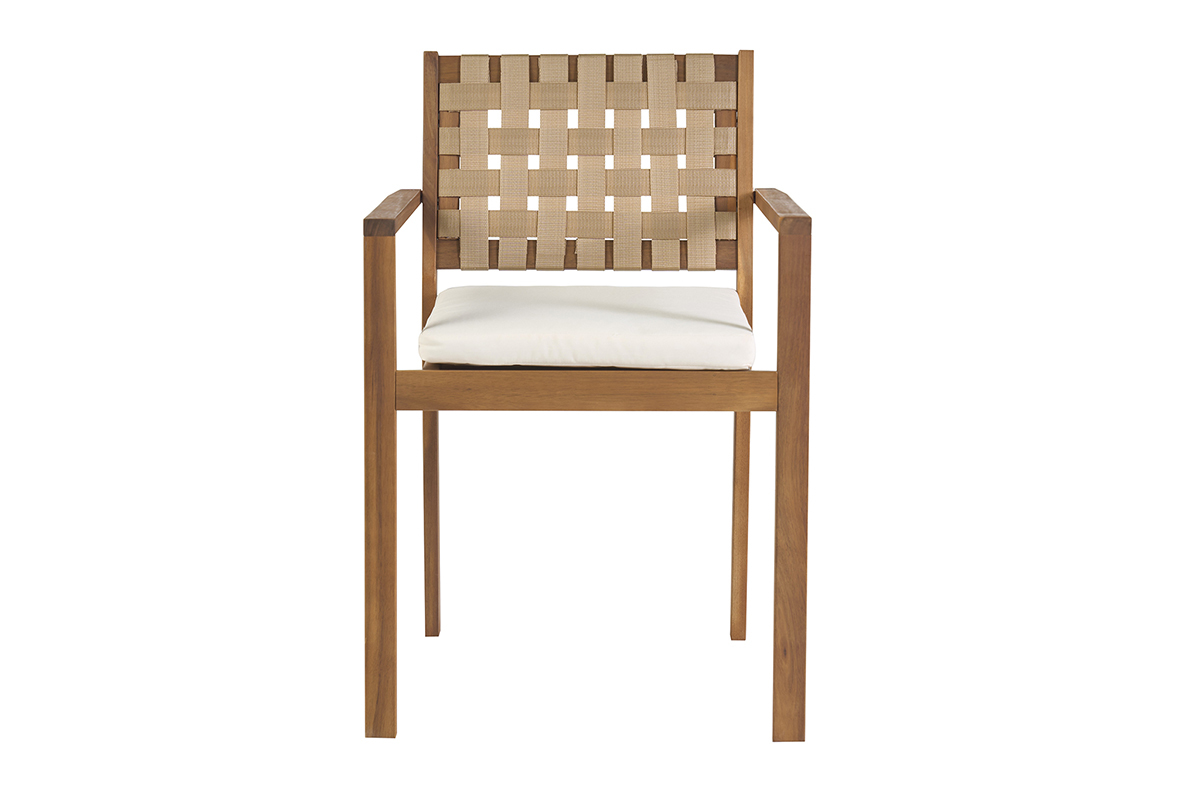 Chaise de jardin SANTANA en bois massif avec coussin blanc et sangles beiges, vue de face.