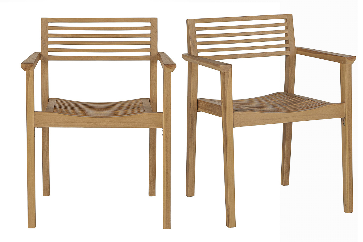 Chaises de jardin empilables en bois teck massif, vue de face, lot de 2.