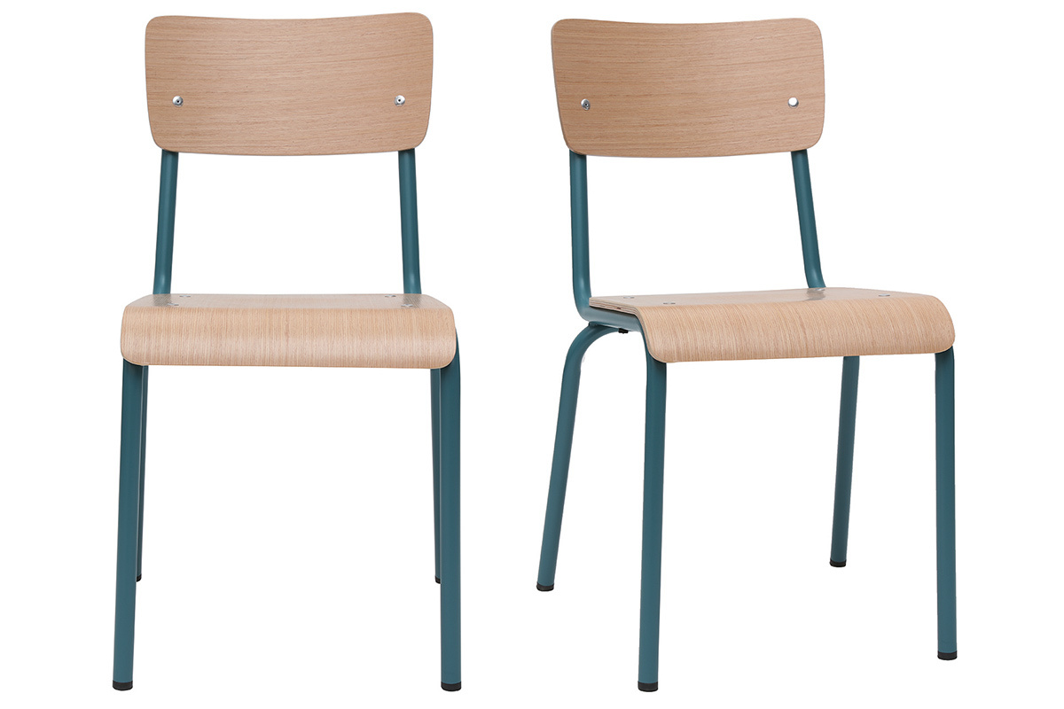 Chaises d'�coliers empilables en m�tal bleu canard et bois clair (lot de 2) SCHOOL