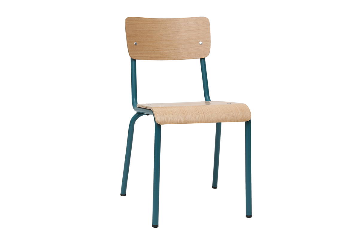 Chaises d'�coliers empilables en m�tal bleu canard et bois clair (lot de 2) SCHOOL