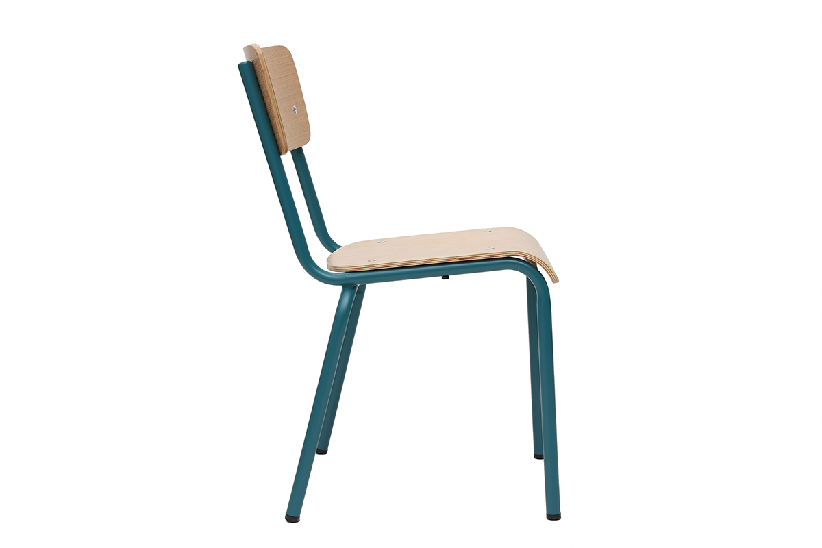 Chaises d'�coliers empilables en m�tal bleu canard et bois clair (lot de 2) SCHOOL