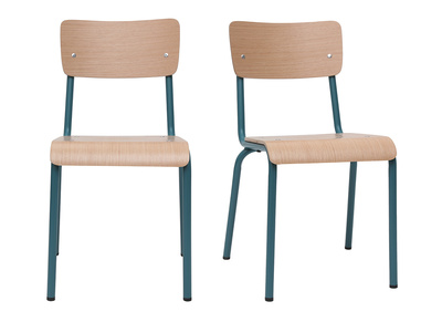 Chaises d'&eacute;coliers empilables en m&eacute;tal bleu canard et bois clair (lot de 2) SCHOOL