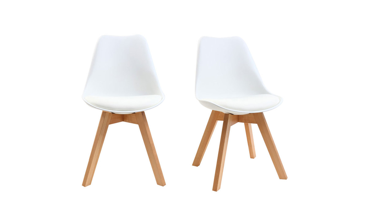 Chaises design blanc et bois clair massif (lot de 2) PAULINE