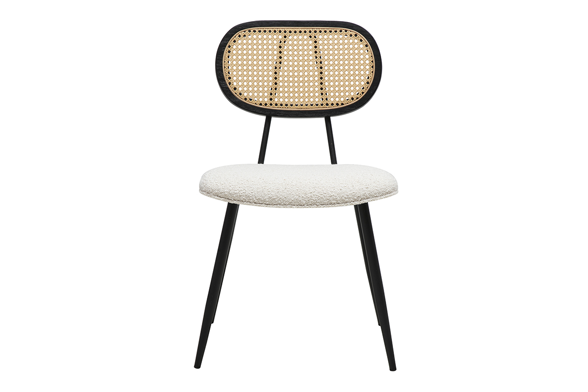 Chaise SWANN en tissu blanc, cannage rotin et m�tal noir, vue de face.