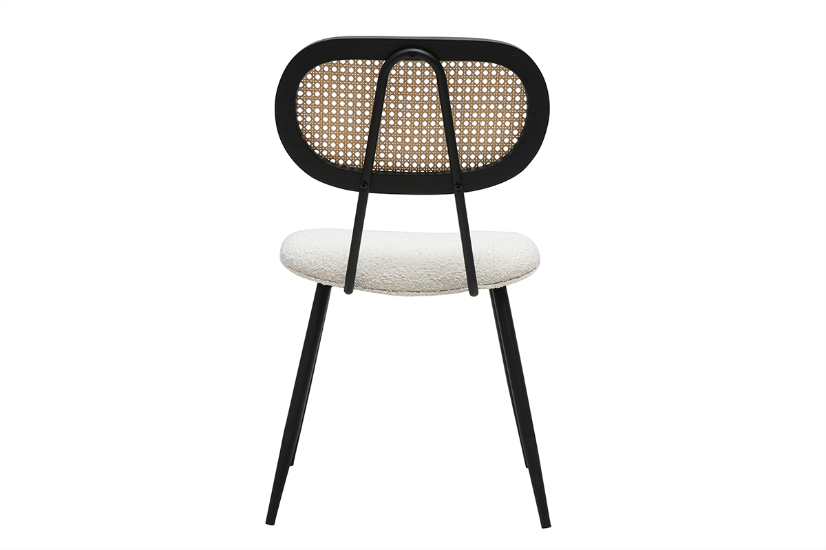 Chaise Swann vue de dos avec dossier en rotin et assise en tissu boucl�, structure en m�tal noir.