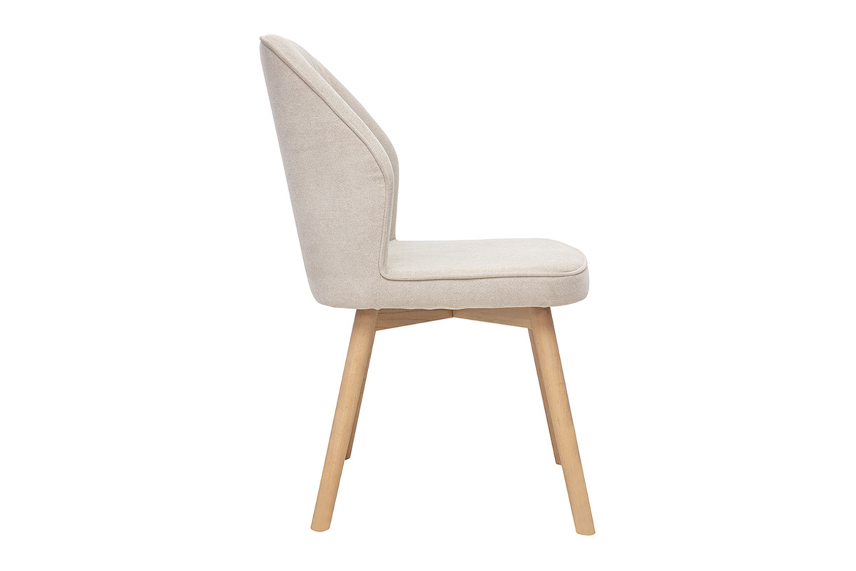 Chaise design en tissu effet velours beige, vue de profil, pieds en bois clair.