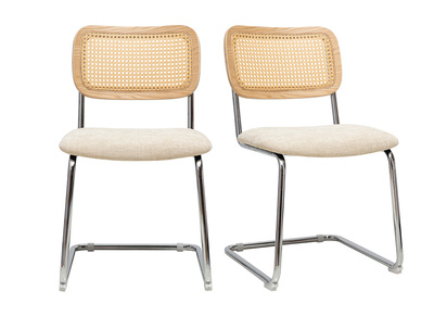 Chaises design en tissu effet velours texturé beige, métal chromé et cannage rotin (lot de 2) ELECTRA