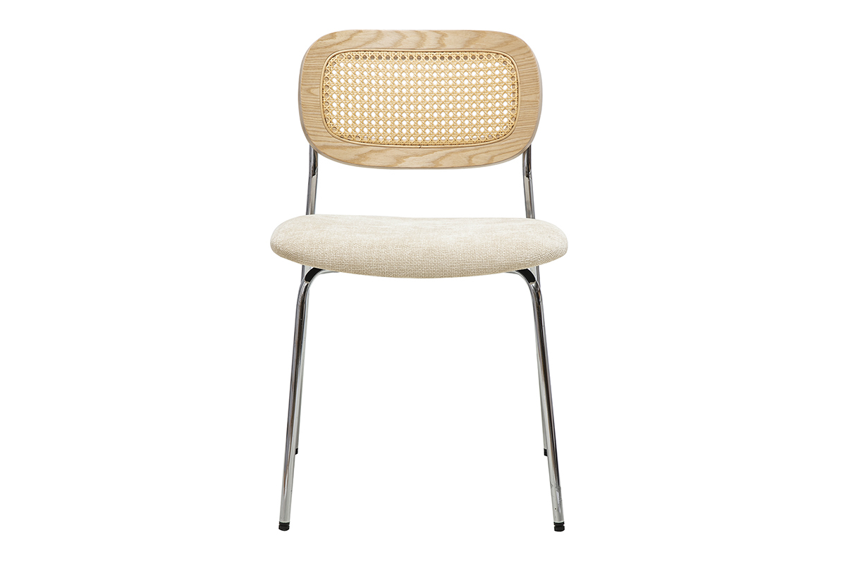 Chaise en tissu beige, dossier en rotin, pieds chrom�s, vue de face.