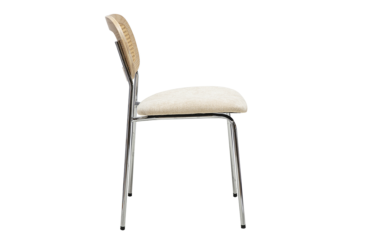 Chaise en tissu beige, dossier cannage, pieds m�tal, vue de c�t�.