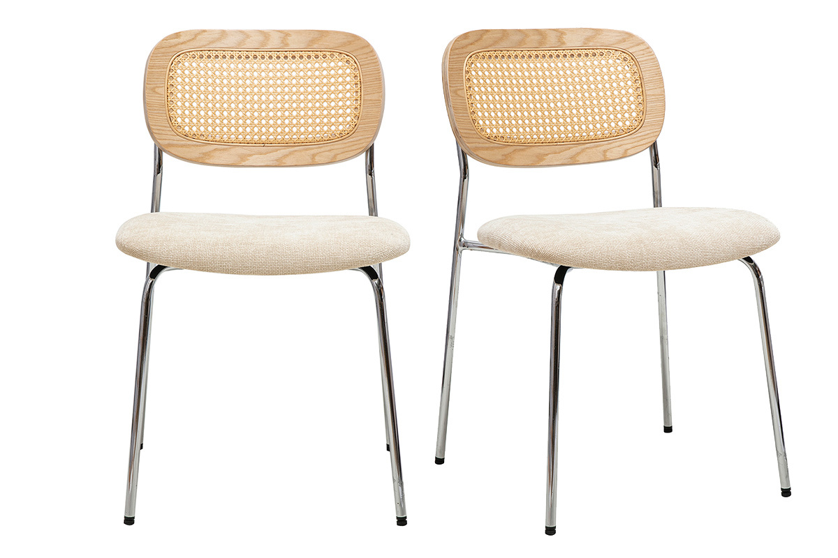 Deux chaises en tissu effet velours beige et m�tal chrom� avec dossier en cannage rotin.