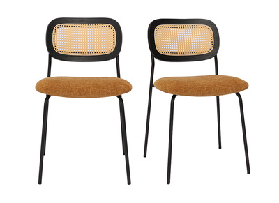 Chaises design en tissu effet velours texturé bronze, métal noir et cannage rotin (lot de 2) MIRANDA