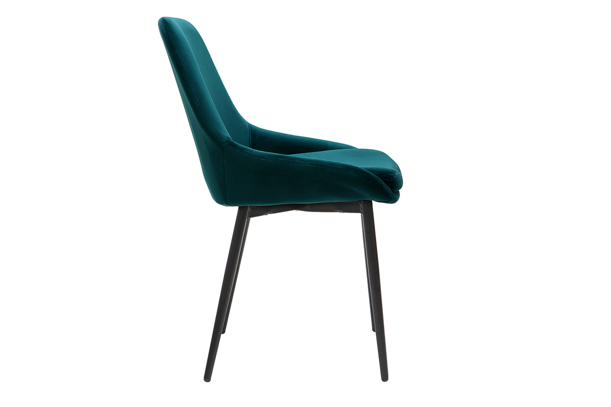 Chaise en velours bleu ptrole, vue de profil, pieds en mtal noir.