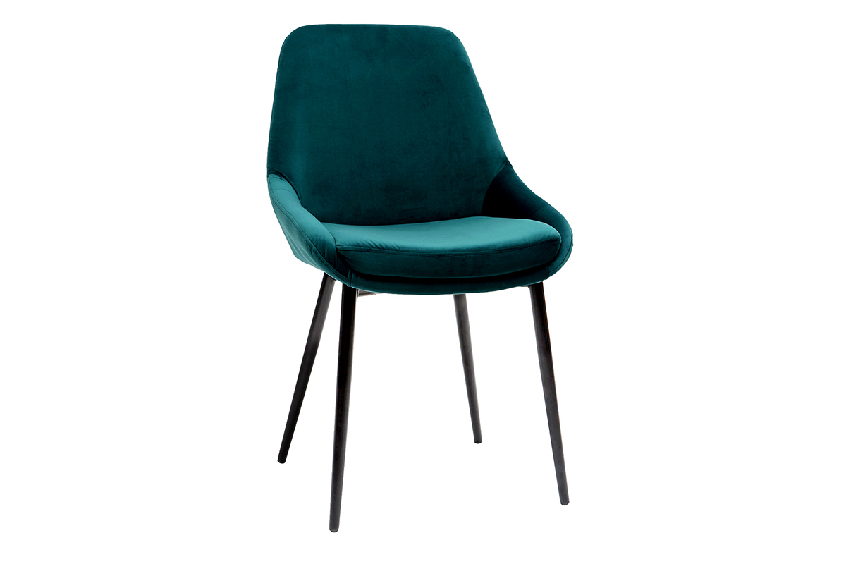 Chaise design en velours bleu ptrole avec pieds en mtal noir, vue de 3/4.