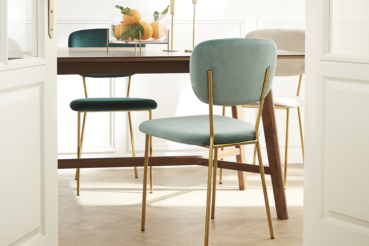 Chaises design en tissu velours gaufr� vert c�ladon et m�tal dor� (lot de 2) LEPIDUS