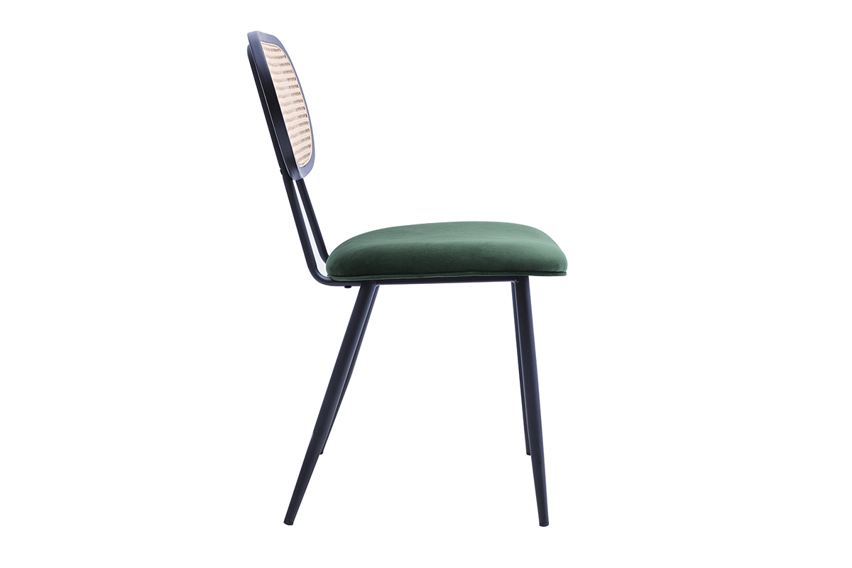 Chaise design en velours vert fonc, vue de profil, mtal noir et dossier en cannage rotin.