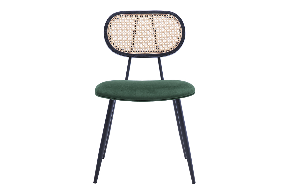 Chaise design en velours vert fonc avec dossier en cannage rotin et pieds en mtal noir, vue de face.