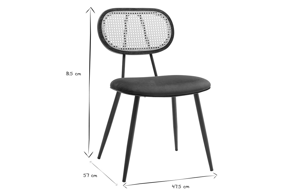 Chaise avec dossier en rotin, vue de ct, dimensions 81,5 cm x 57 cm x 47,5 cm en noir et blanc.