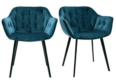 Chaises design en velours bleu p&eacute;trole et pieds m&eacute;tal noir (lot de 2) BURTON