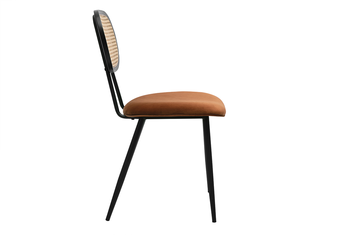 Chaise SWANN en velours terre br�l�e, m�tal noir et rotin, vue de profil.