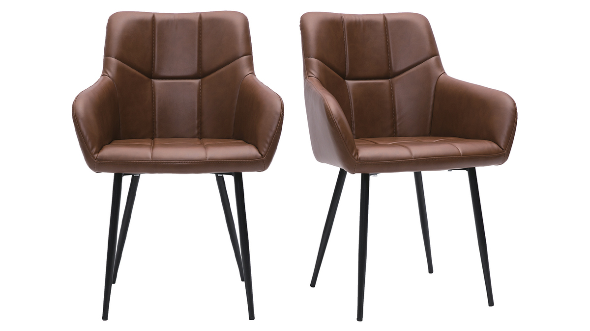 Chaises design matelassées en polyuréthane marron et métal noir (lot de 2) MONTERO