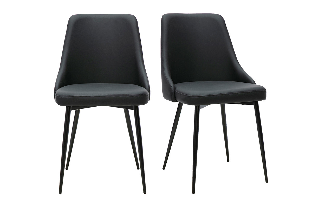 Lot de 2 chaises design noires CULT vues de face, rev�tement en polyur�thane, pi�tement en m�tal noir.