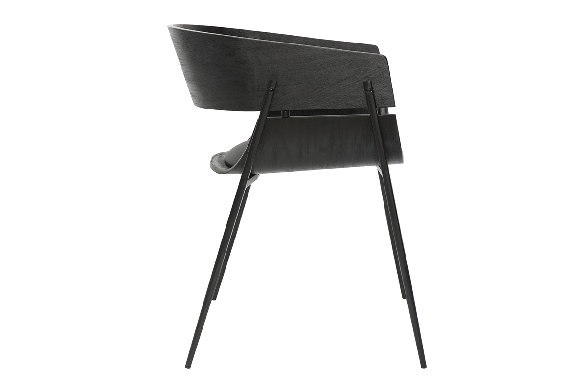 Chaise design en bois noir et mtal avec dossier arrondi et assise en polyurthane, modle WESS. Vue de profil.
