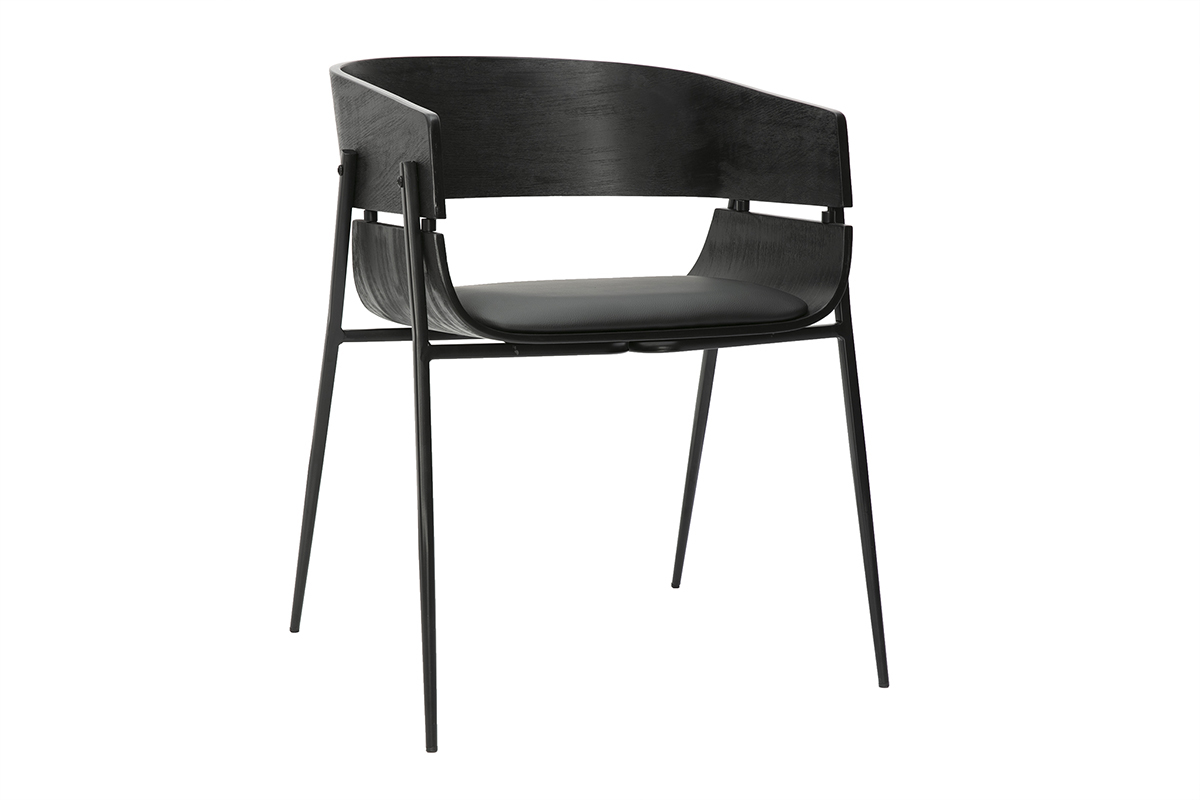 Chaise design noire WESS en bois et mtal avec accoudoirs, vue de3/4, style vintage et contemporain.