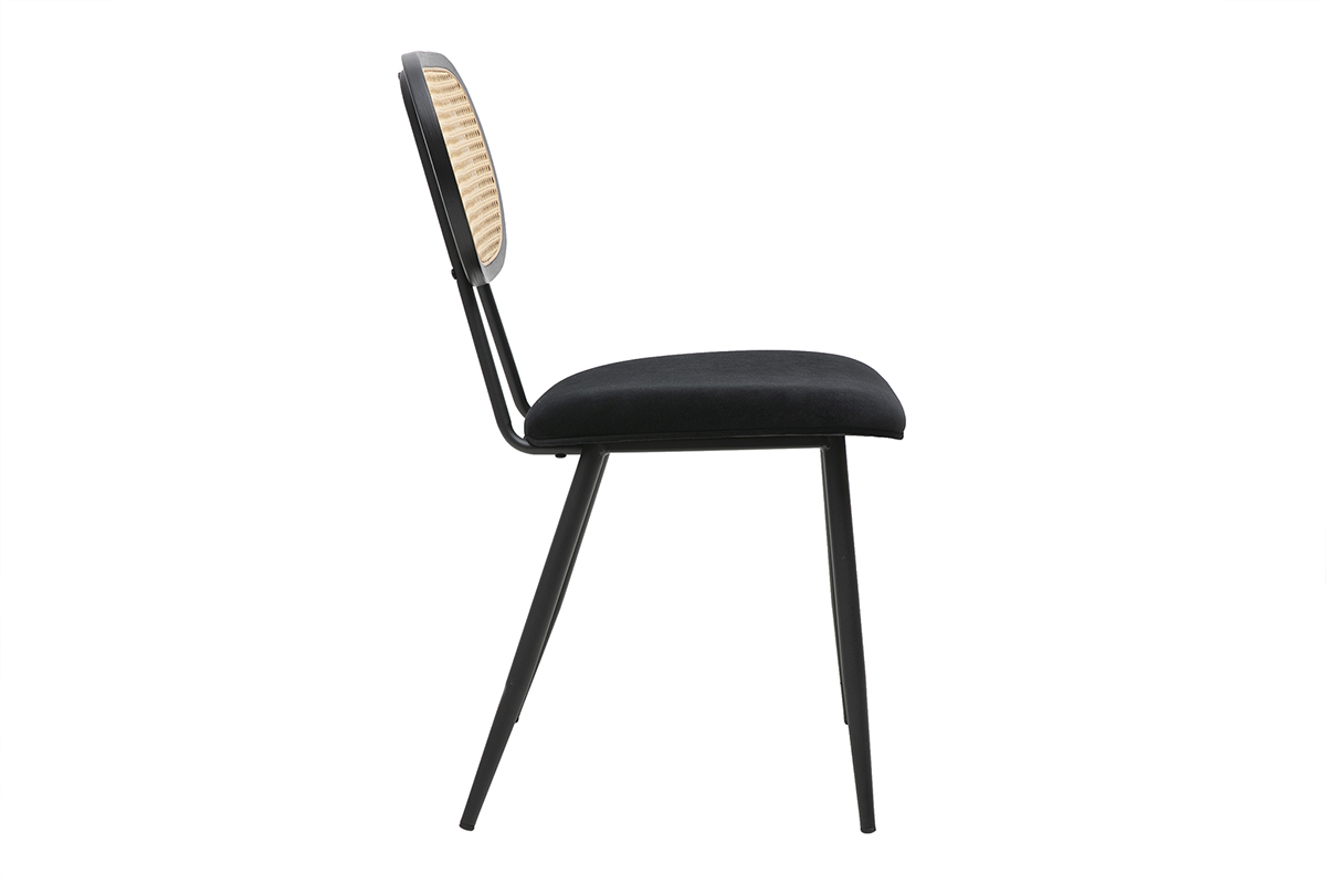 Chaise SWANN en velours noir et rotin, vue de profil.