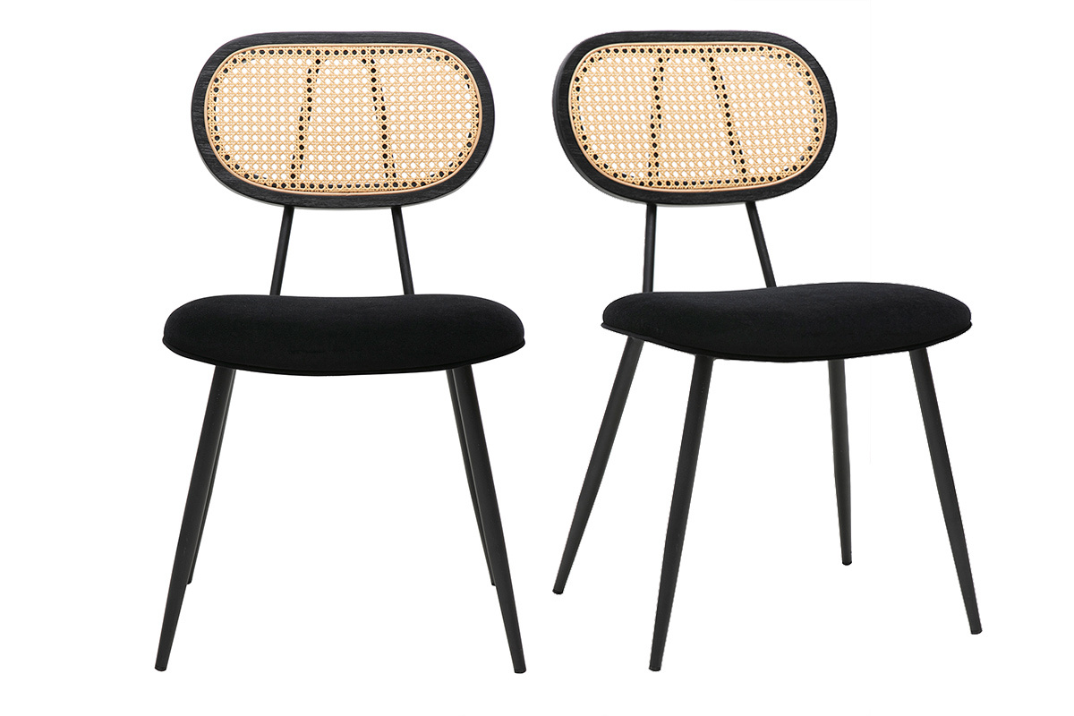Chaises SWANN en tissu velours noir et cannage rotin, vue de face, lot de 2.