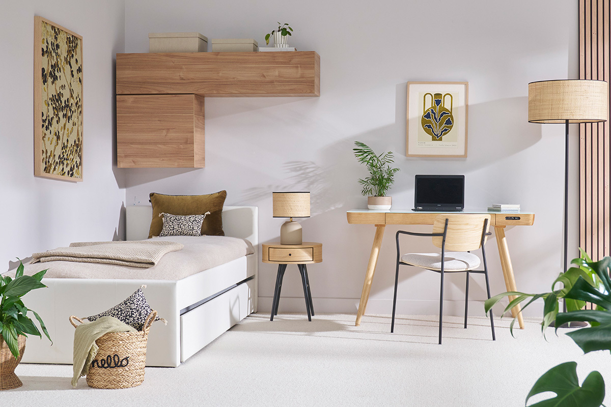 Chaises en bois clair chne, tissu effet velours textur beige et mtal noir (lot de 2) SUSAN