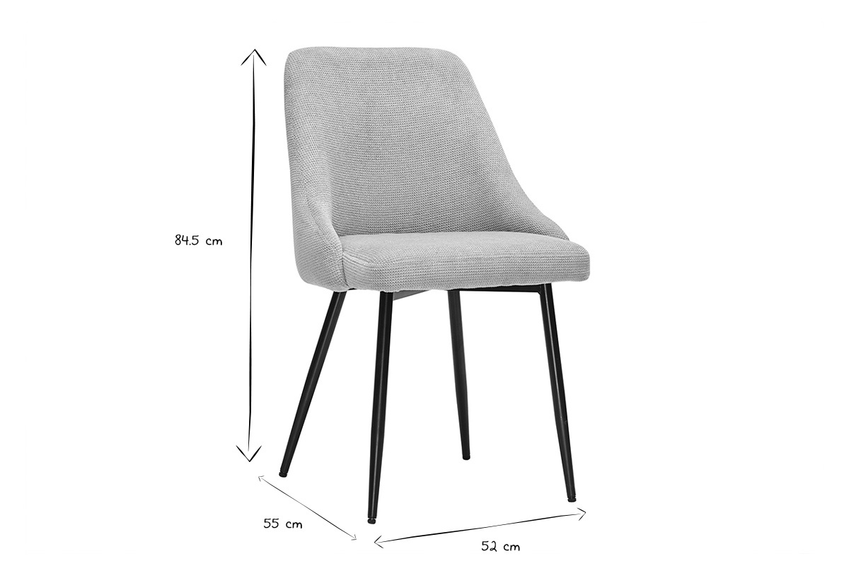 Chaise en tissu textur noir et blanc, dimensions visibles : 84,5 cm hauteur, 55 cm profondeur, 52 cm largeur.