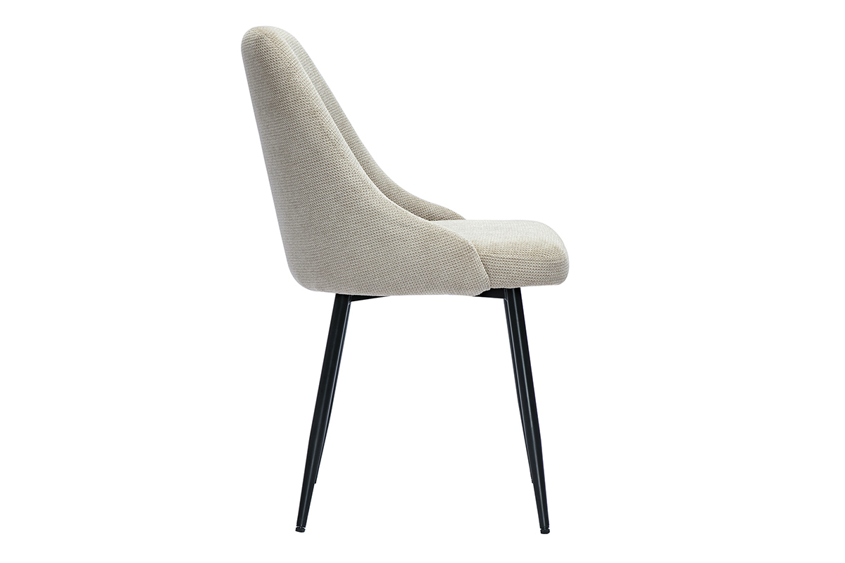 Chaise en tissu beige effet velours, vue de ct, pied en mtal noir.