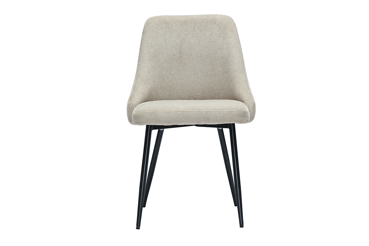 Chaise en tissu chenille beige avec pieds en mtal noir, vue de face.