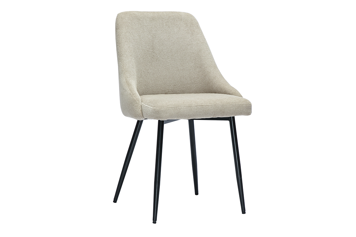 Chaise en tissu chenille beige avec pieds en mtal noir, vue de trois-quarts.