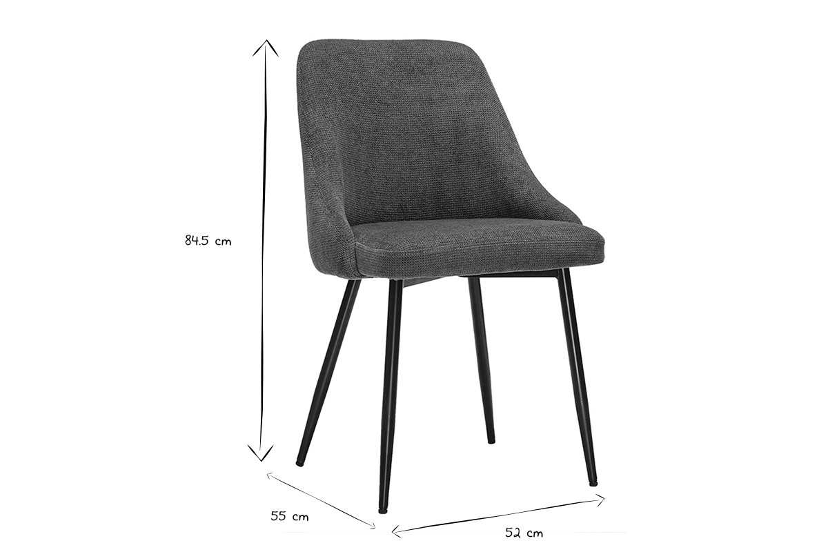 Dimensions d'une chaise HASTA : hauteur 84,5 cm, largeur 55 cm, profondeur 52 cm, en noir et blanc