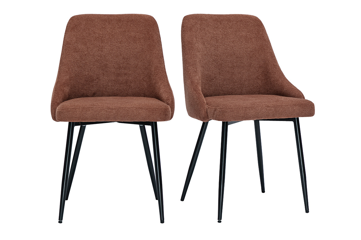Deux chaises en tissu chenille terre brle et mtal noir, vues de face.