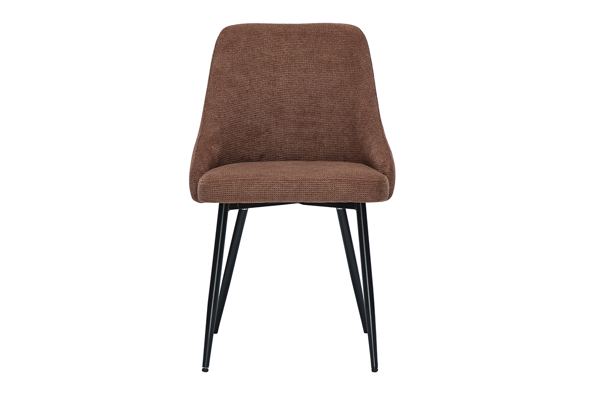 Chaise effet velours terre brle avec pieds en mtal noir, vue de face.