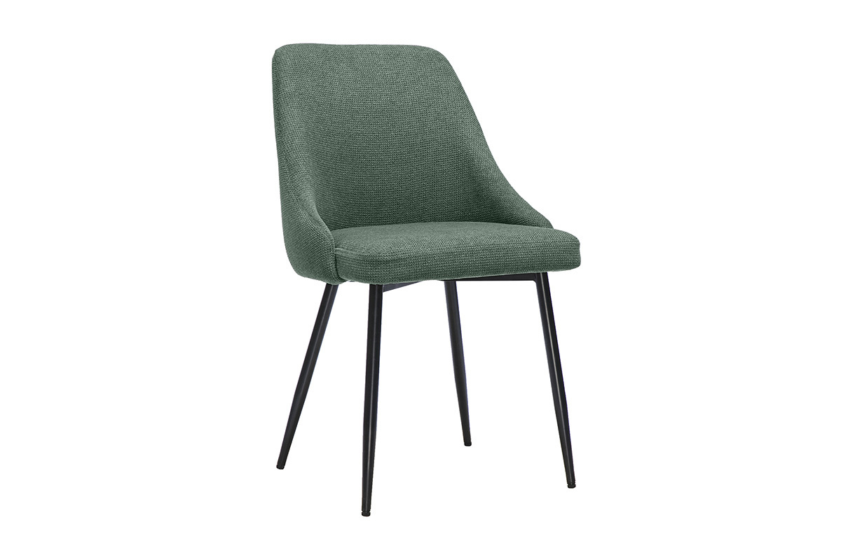 Chaise en tissu chenille vert kaki avec pi�tement en m�tal noir, vue de 3/4.