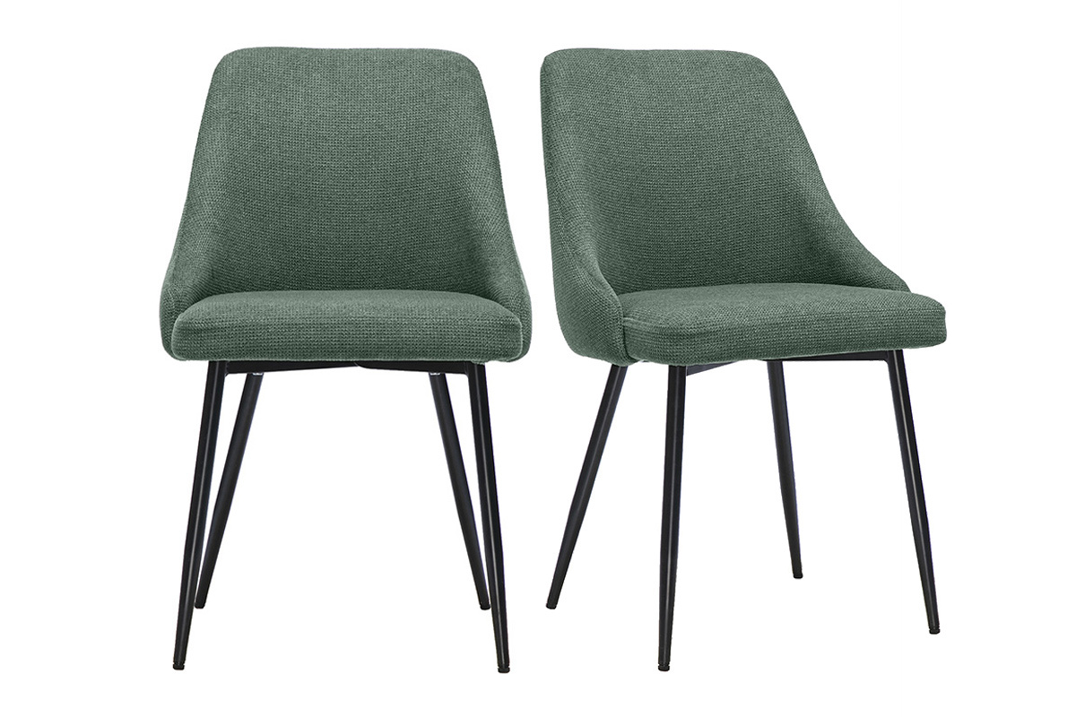 Lot de 2 chaises en tissu chenille vert kaki et m�tal noir, vue de face.