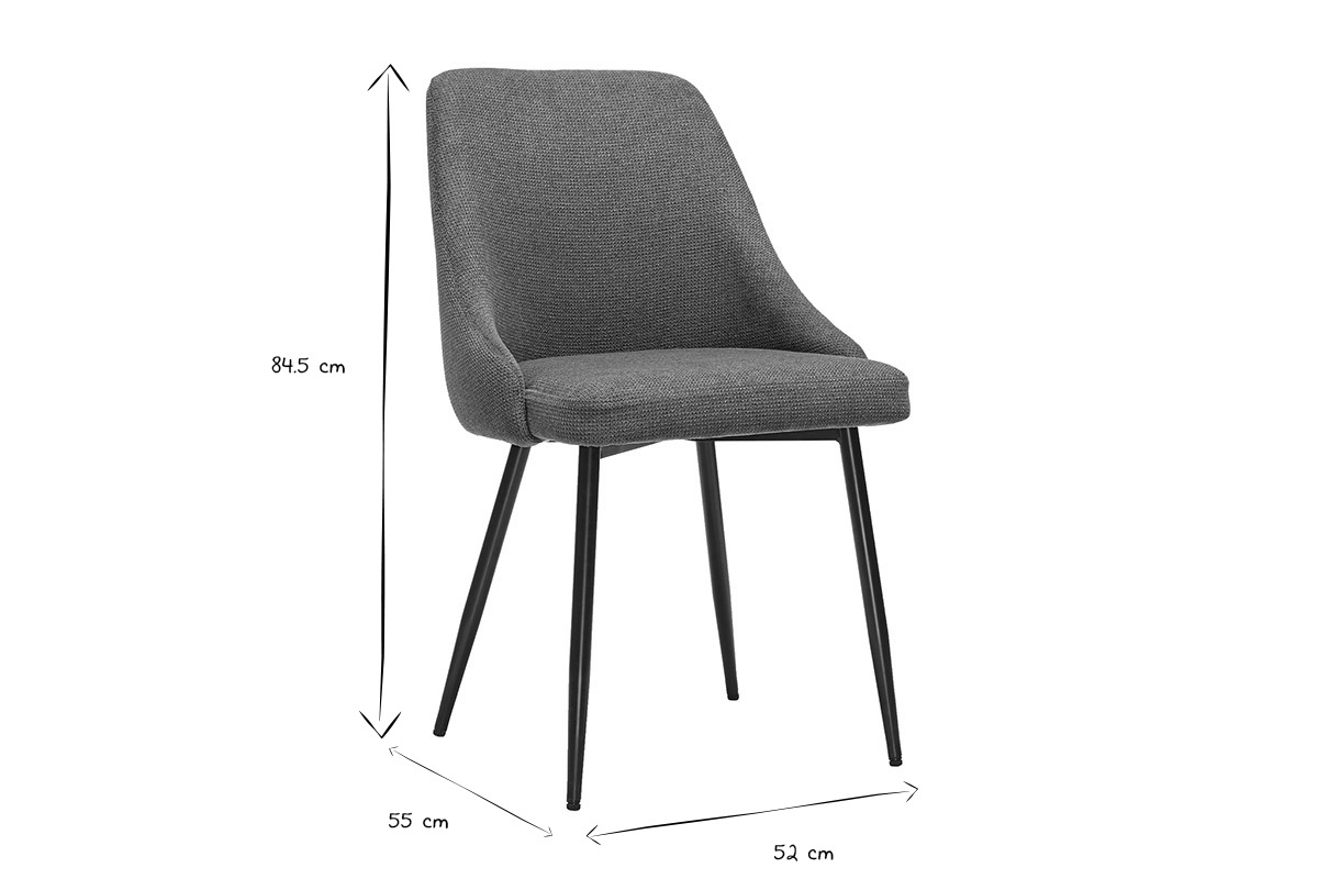 Dimensions de la chaise HASTA : hauteur 84.5 cm, largeur 55 cm, profondeur 52 cm en noir et blanc.