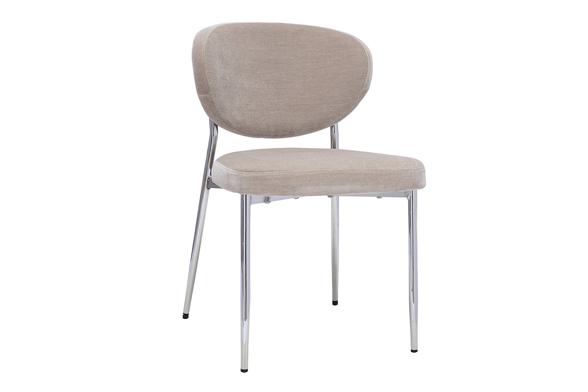 Chaise en tissu effet velours taupe avec pi�tement en m�tal chrom�, vue de 3/4.